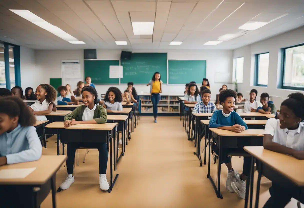 Impacto del Uso de Q10 en el Aprendizaje Actitudinal de los Estudiantes: Resultados de un Estudio Longitudinal 5 A classroom filled with engaged students, using Q10 to enhance their attitude towards learning. Bright, colorful surroundings reflect a positive impact on their learning attitudes