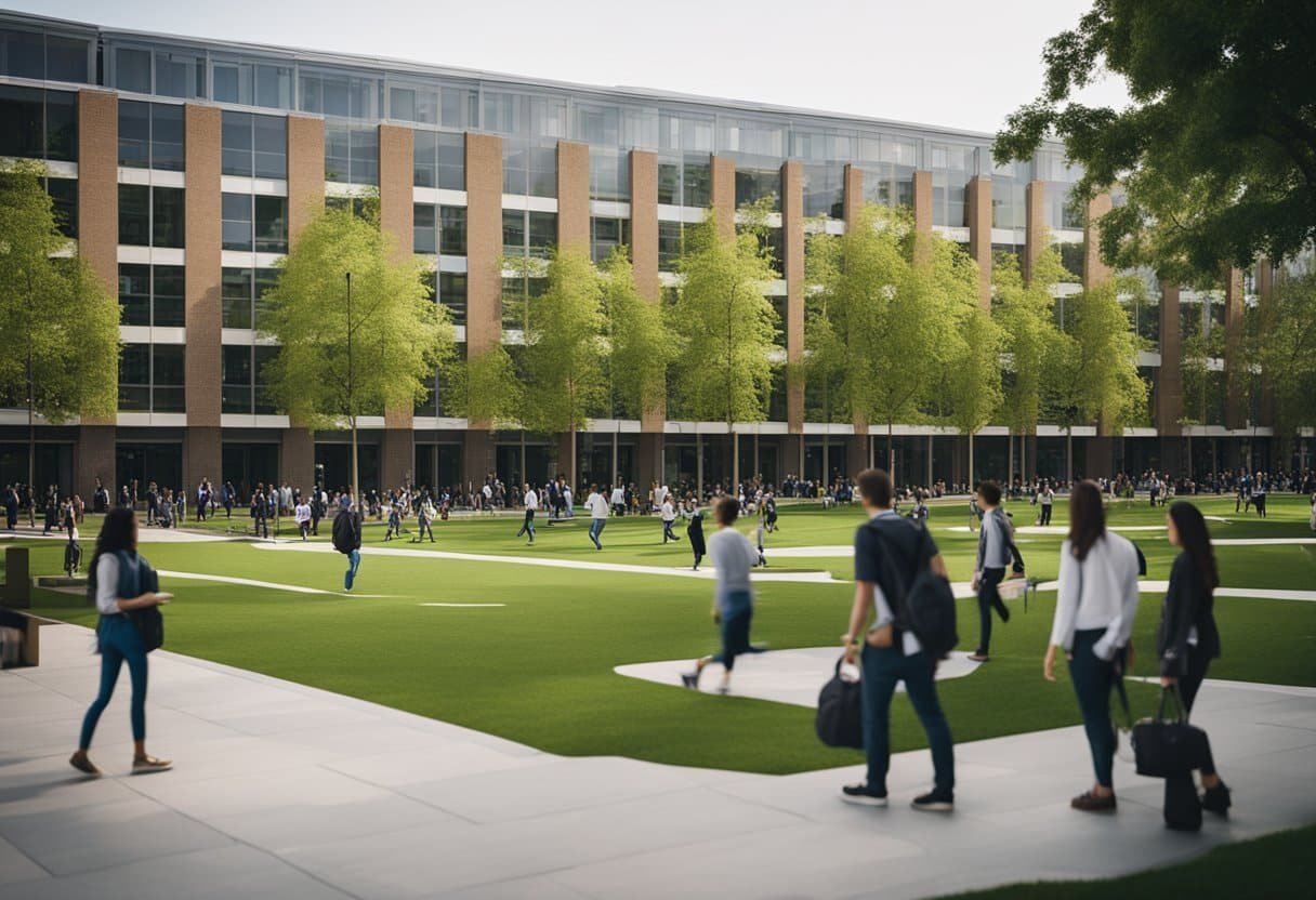 A bustling university campus with students and faculty using Q10's platform for efficient administrative management. Buildings and green spaces create a vibrant backdrop for the scene