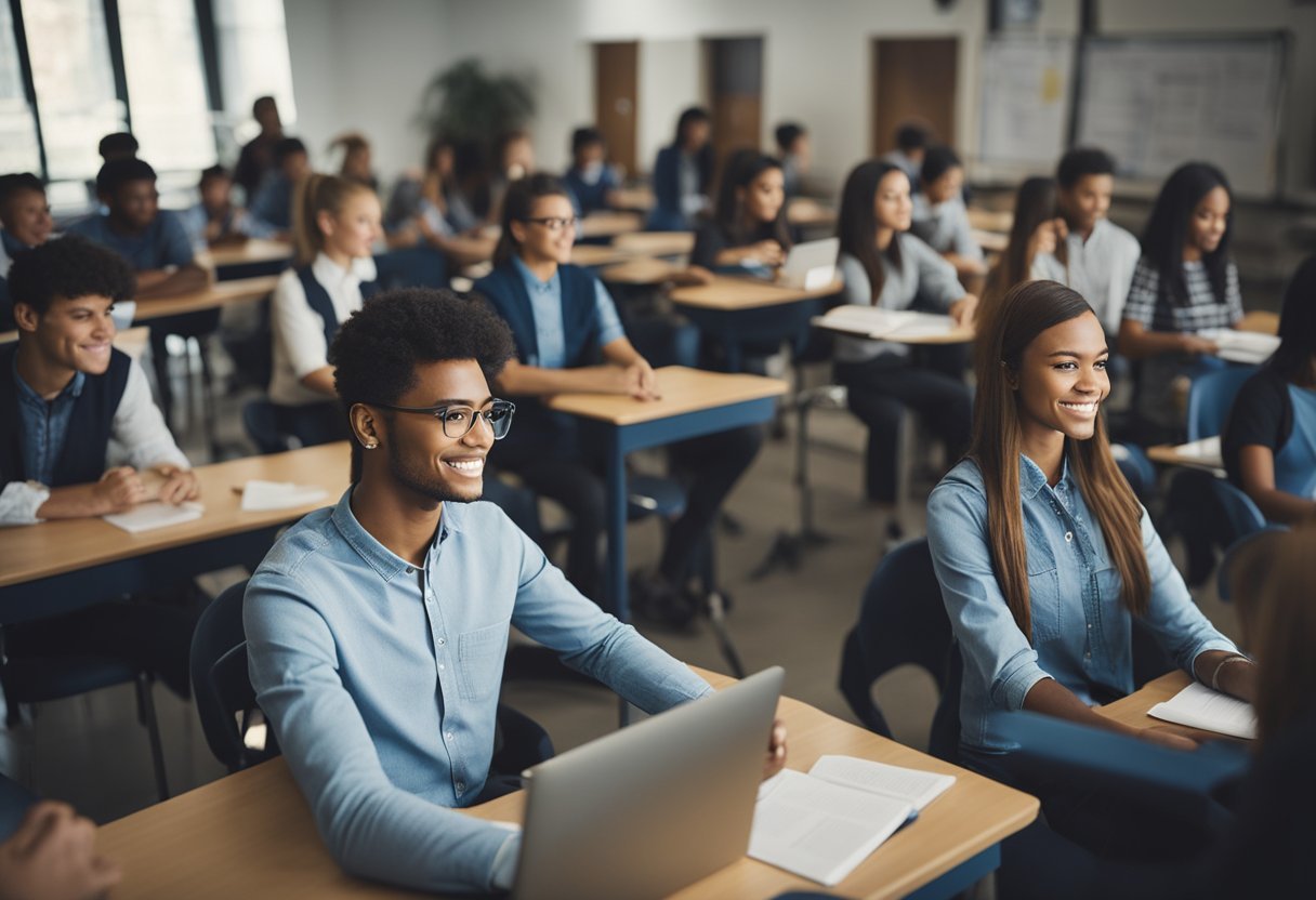 A modern classroom with students using digital tools like Q10 to enhance their learning experience. Technology is seamlessly integrated into the educational environment, contributing to improved quality of education