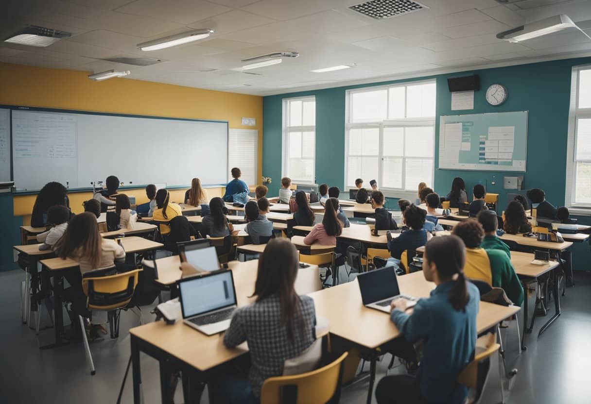 A classroom filled with engaged students using Q10 platform, showing improved academic performance and active participation