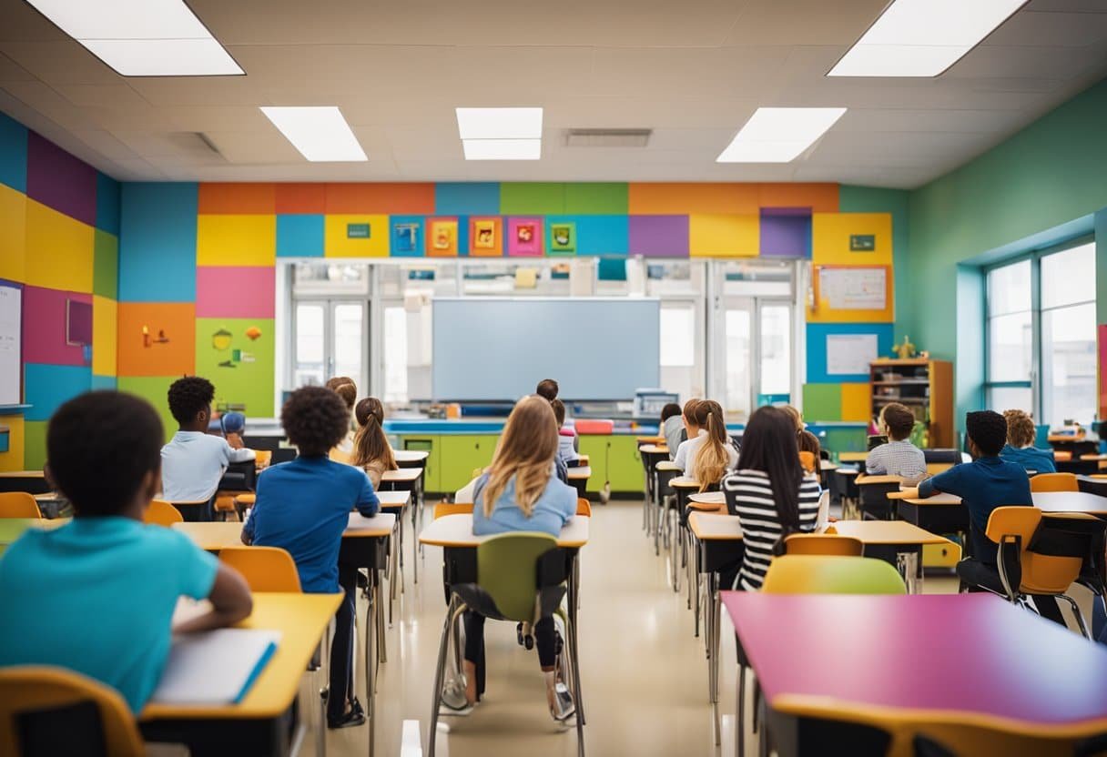 A classroom of students engaged and focused, surrounded by vibrant colors and symbols representing positive attitudes and learning