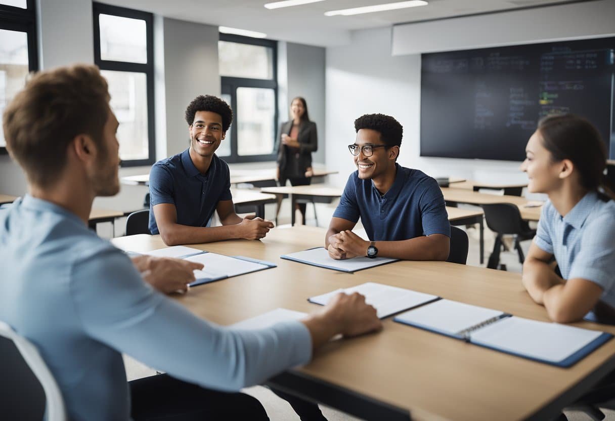 A modern classroom with interactive whiteboards and language learning materials, students engaged in group activities, and a teacher using the Q10 platform for language school management