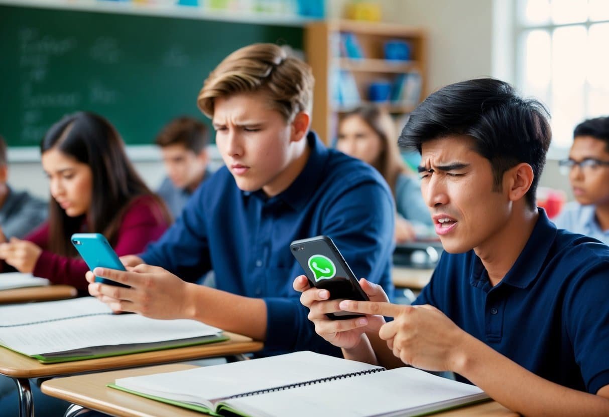 A classroom setting with students using smartphones to communicate. One student appears frustrated while trying to use Whatsapp for school communication