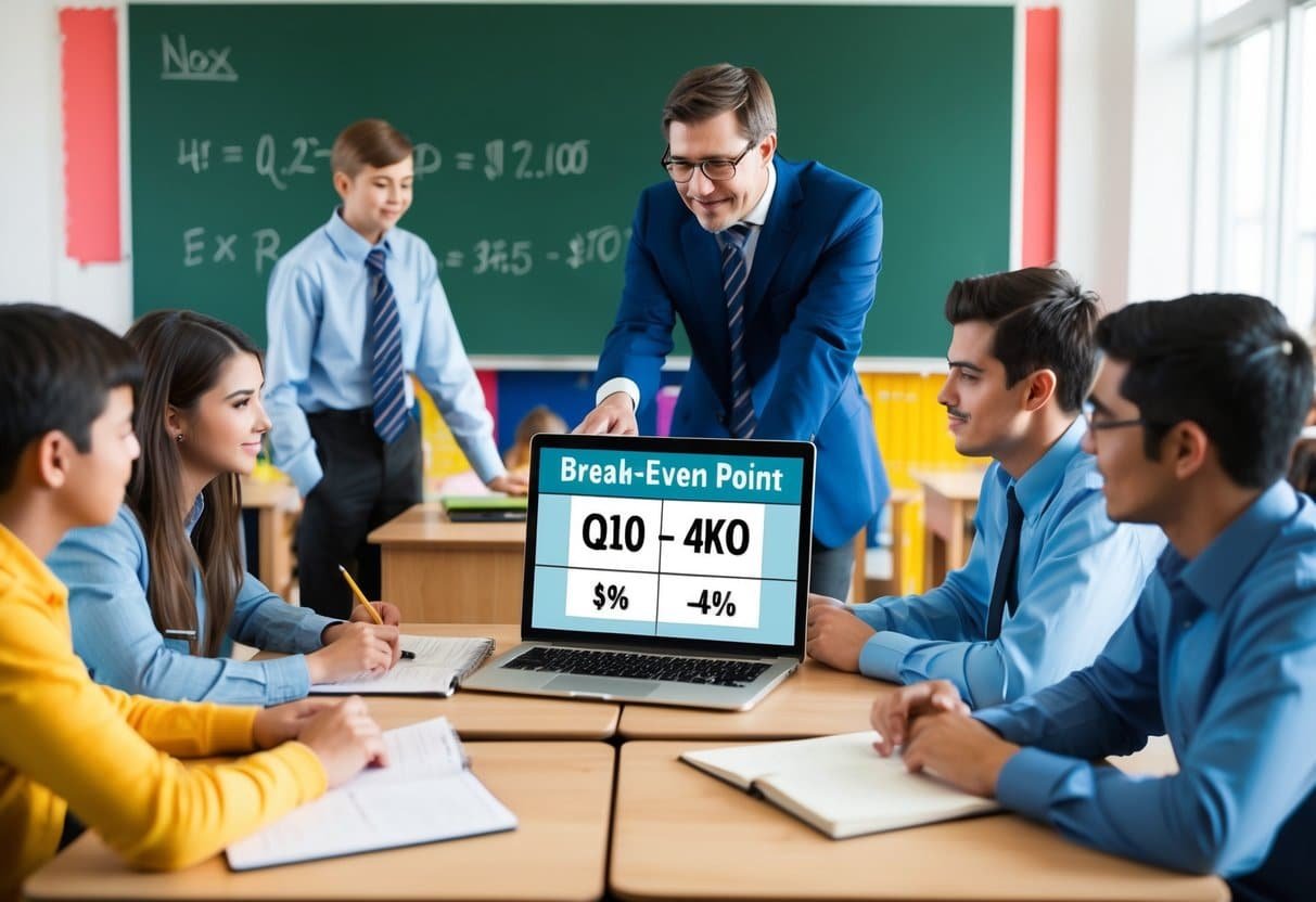 Un aula con estudiantes y un maestro utilizando la plataforma Q10 para calcular el punto de equilibrio de los gastos e ingresos de la escuela.