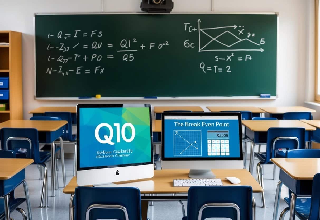 Un aula con escritorios y sillas dispuestos en filas, una pizarra con ecuaciones matemáticas y una computadora que muestra la plataforma Q10 para calcular el punto de equilibrio en un entorno escolar.