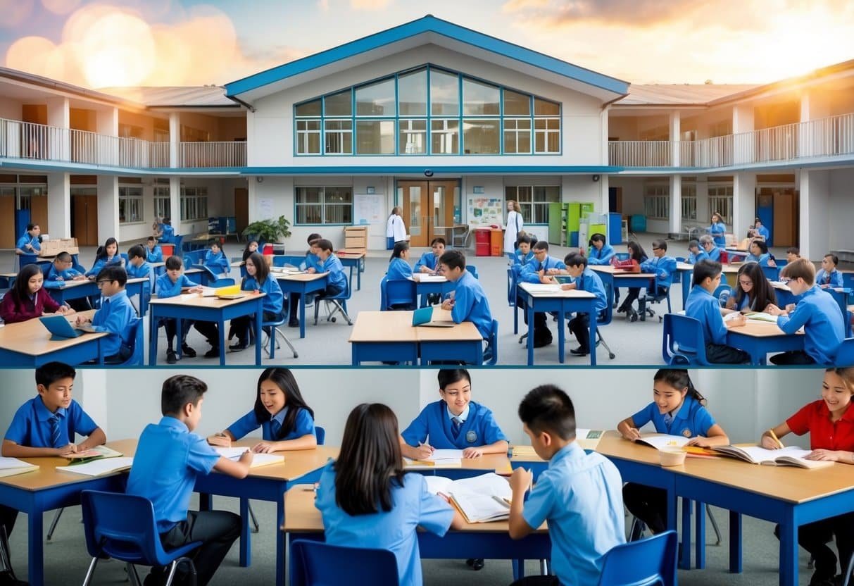 Un edificio escolar con varias aulas e instalaciones, rodeado de estudiantes y profesores involucrados en actividades de aprendizaje y enseñanza.