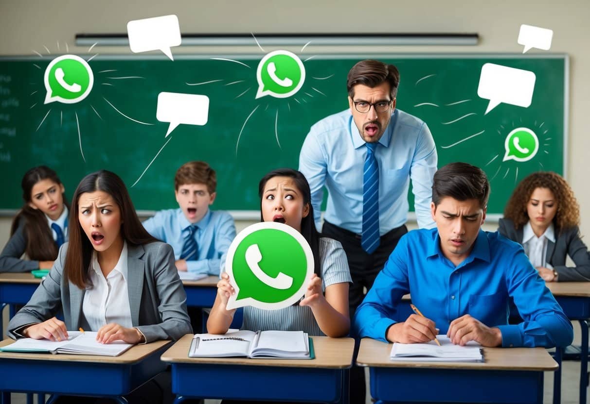 A classroom with students and a teacher, all looking frustrated as they try to use Whatsapp for school communication. Messages are not going through, causing confusion and inconvenience