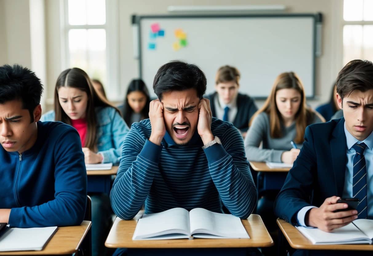 Students sitting in a classroom, frustrated faces as they struggle to focus on their work while their phones constantly buzz with messages from a school group chat