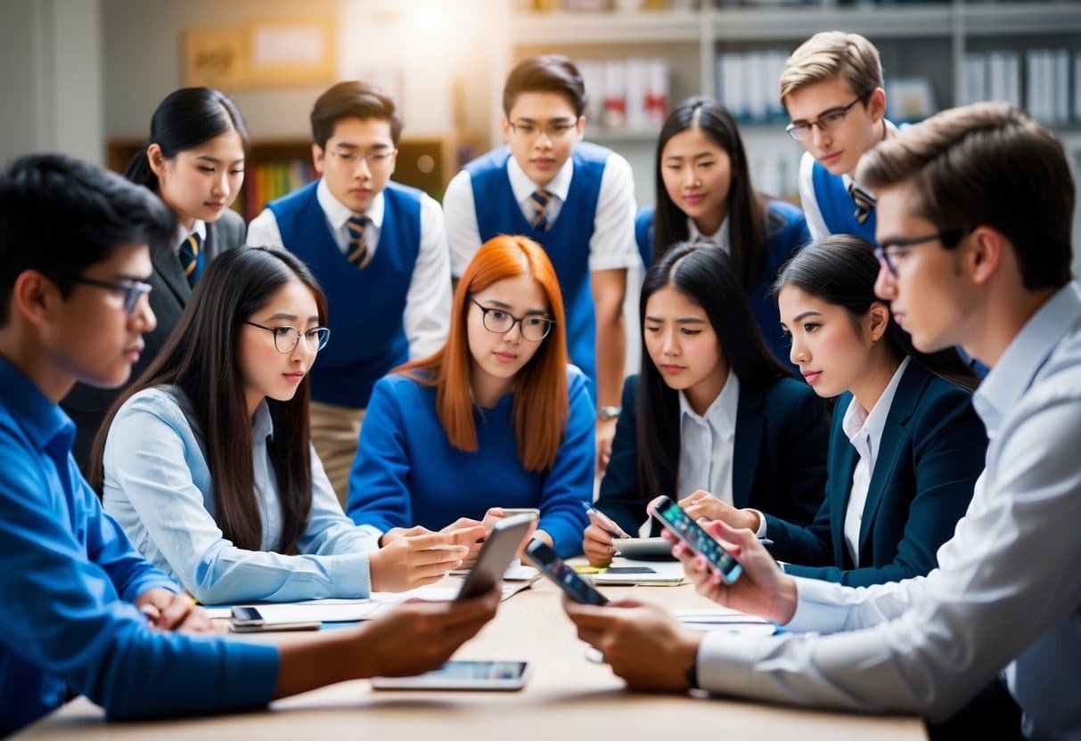 A group of students and teachers using alternative communication apps for school-related discussions, highlighting the limitations and drawbacks of using Whatsapp for school communication