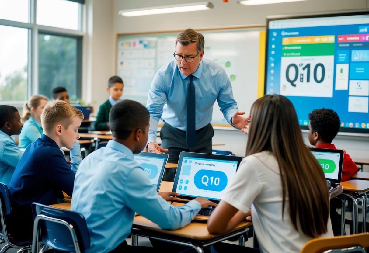 Un aula con estudiantes interactuando con una plataforma digital (Q10) en sus dispositivos, mientras un maestro observa y ajusta el plan de lecciones utilizando tecnología e inteligencia artificial.