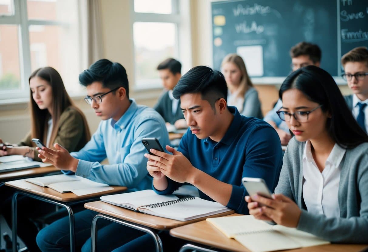 A classroom scene with students using Whatsapp on their phones, but struggling to communicate effectively due to distractions and limitations